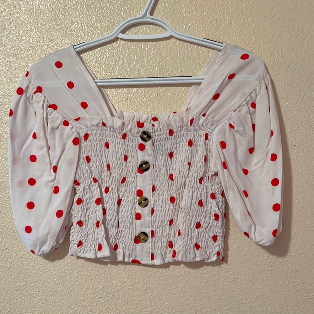 Polka dot print Crop Top w/ Puff Sleeves